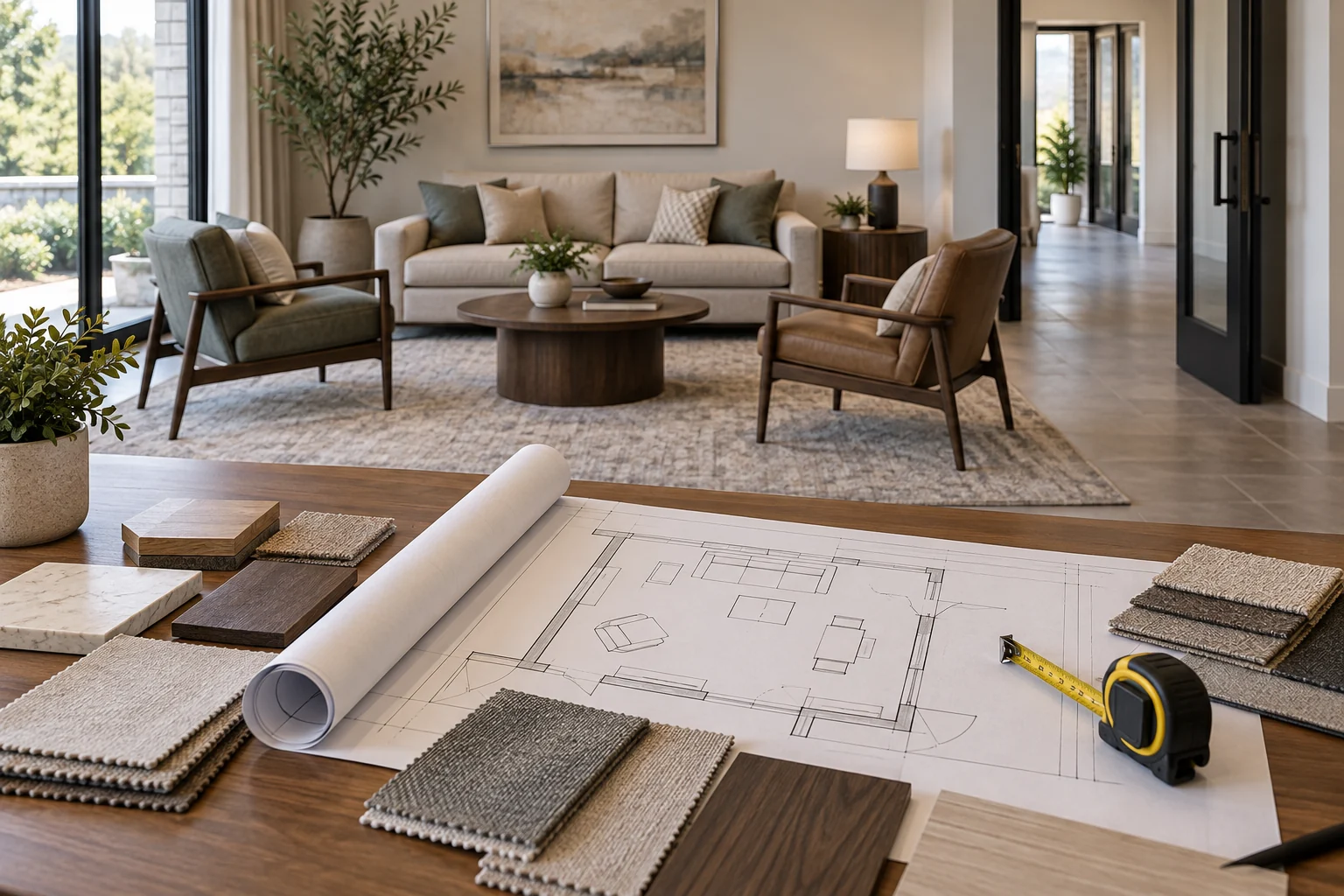 AI-generated illustrative furniture planning scene with room layout, measuring tape and material swatches; not an actual customer room or delivered project