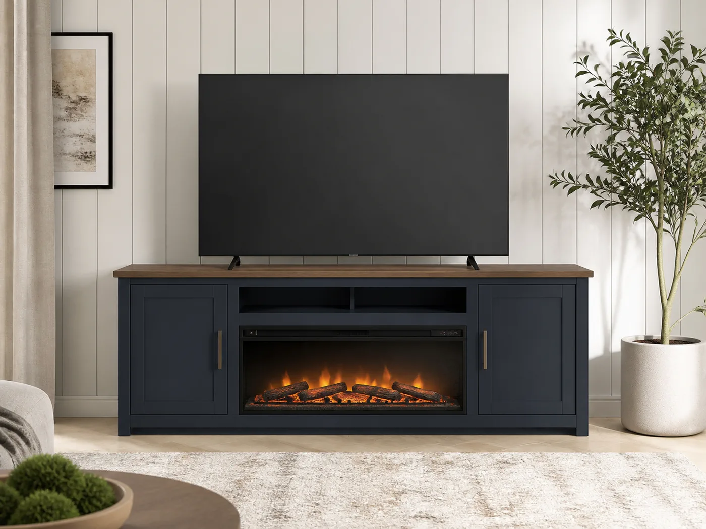 Fireplace TV stand in a living room