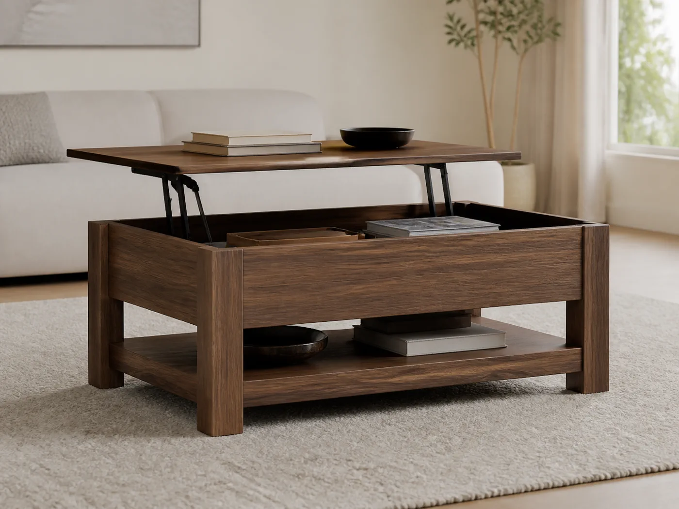 Lift-top coffee table in a living room