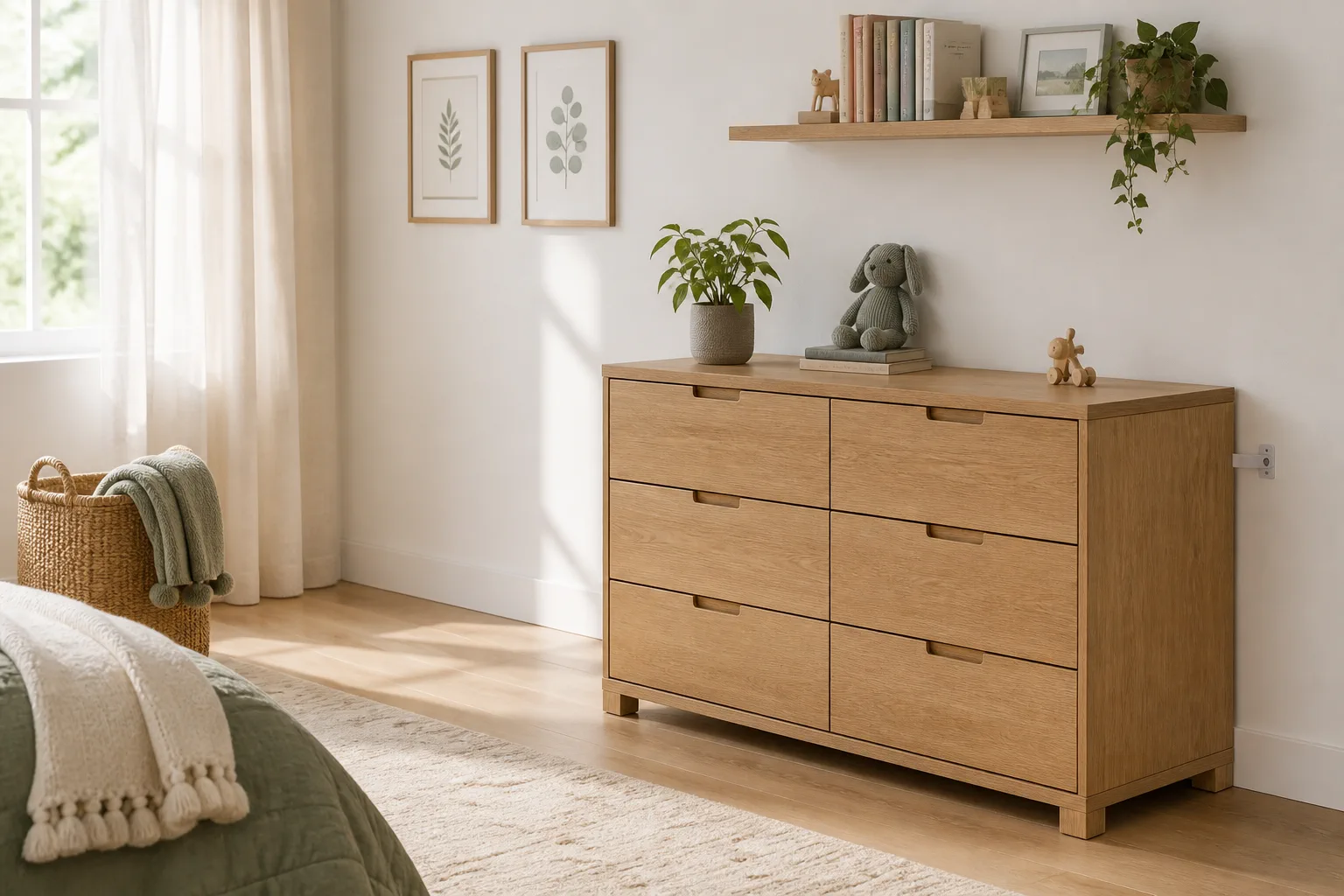 Original warm child-safe bedroom with a low oak dresser secured to the wall