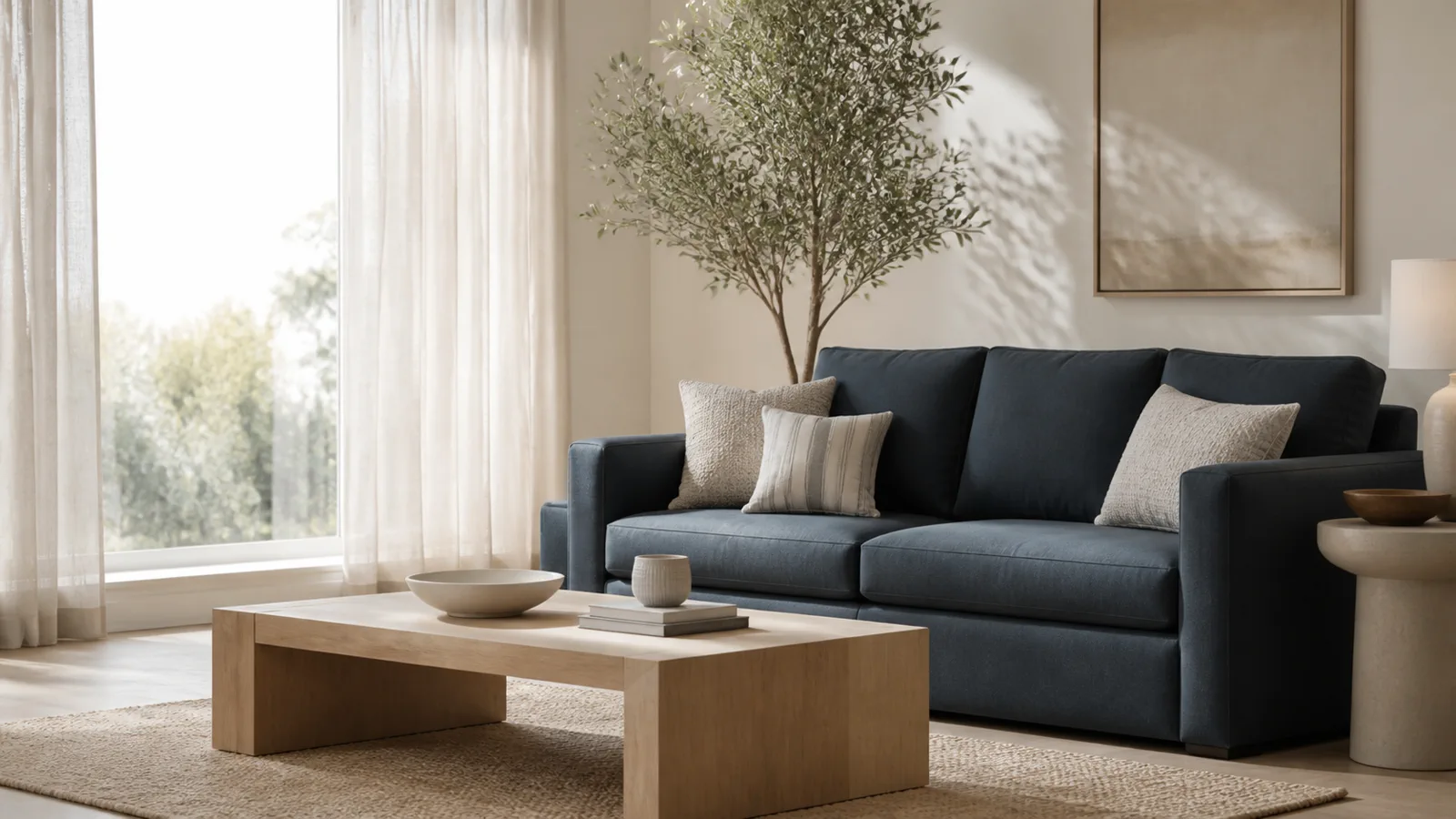 Slate-blue sofa and oak coffee table in a bright contemporary living room