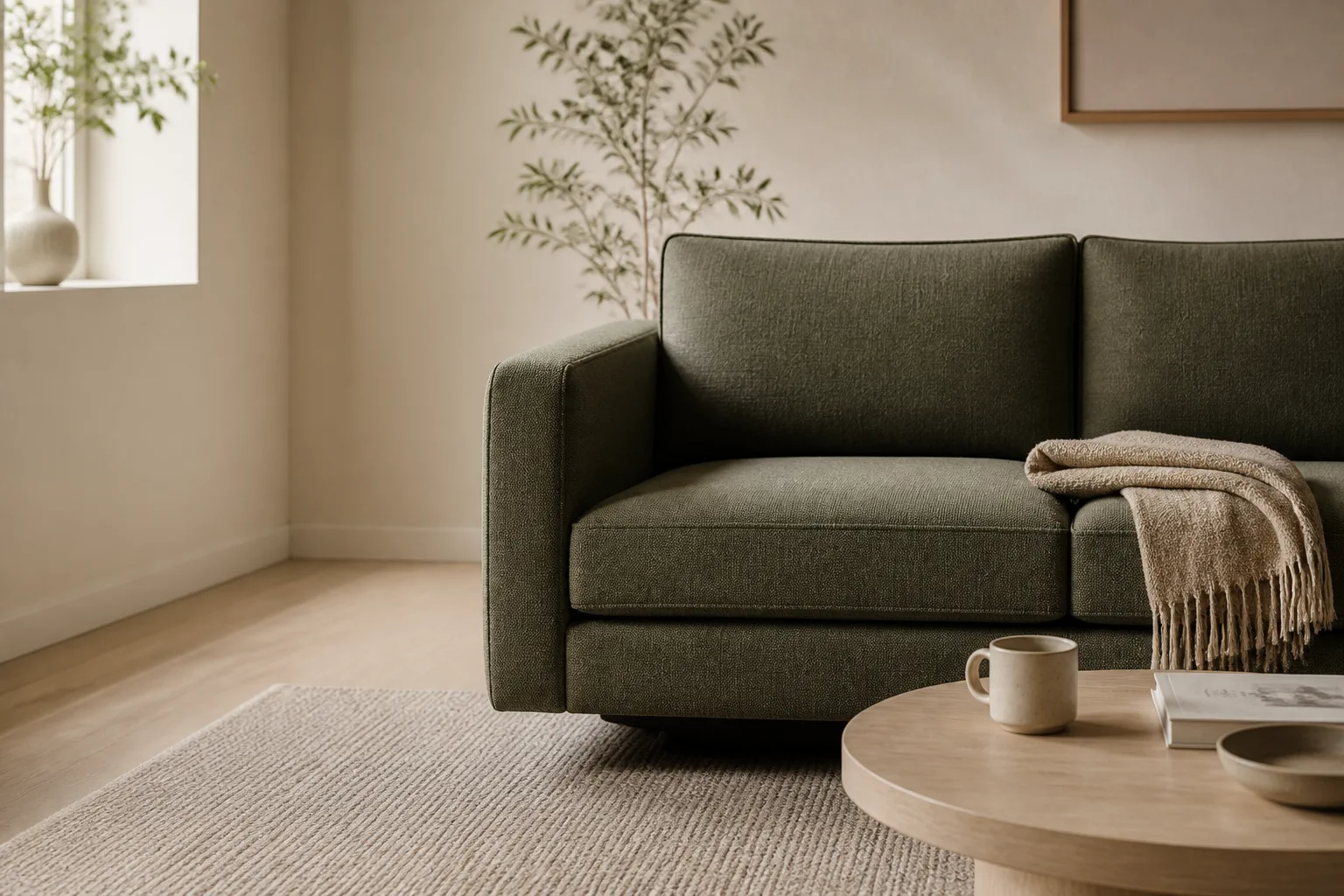 Original moss green sofa in a warm living room