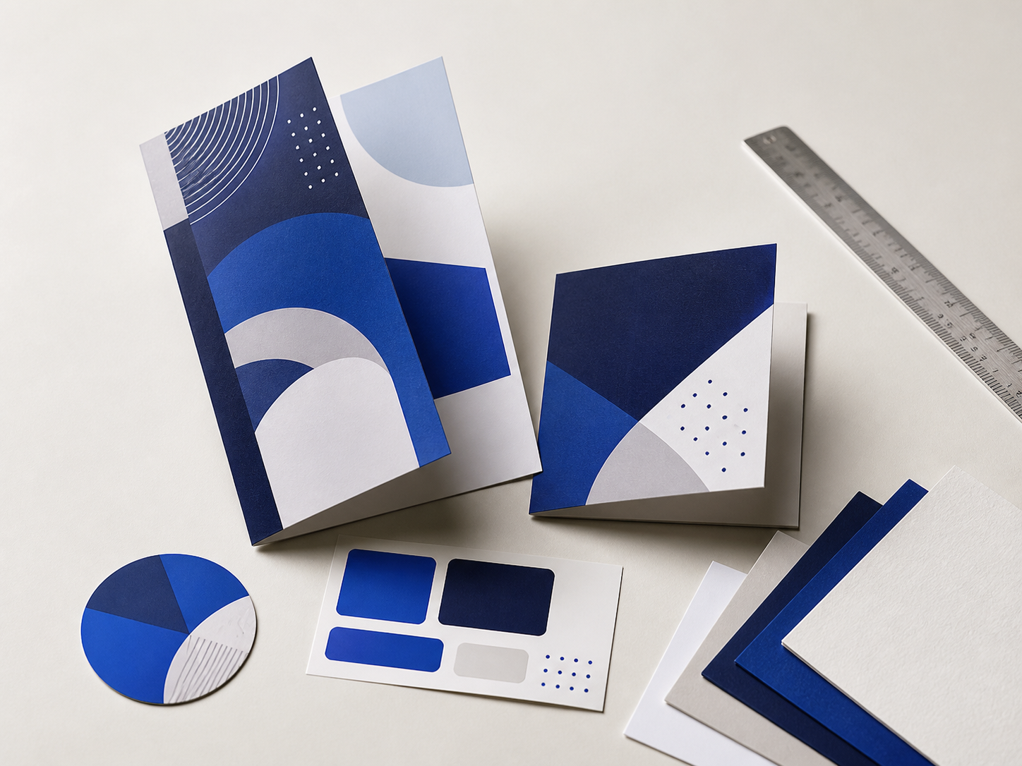 Original blue and white custom print sample kit on a studio worktable