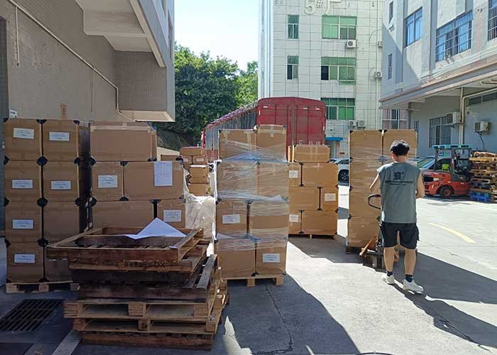 Cartons staged for shipping from a packaging warehouse