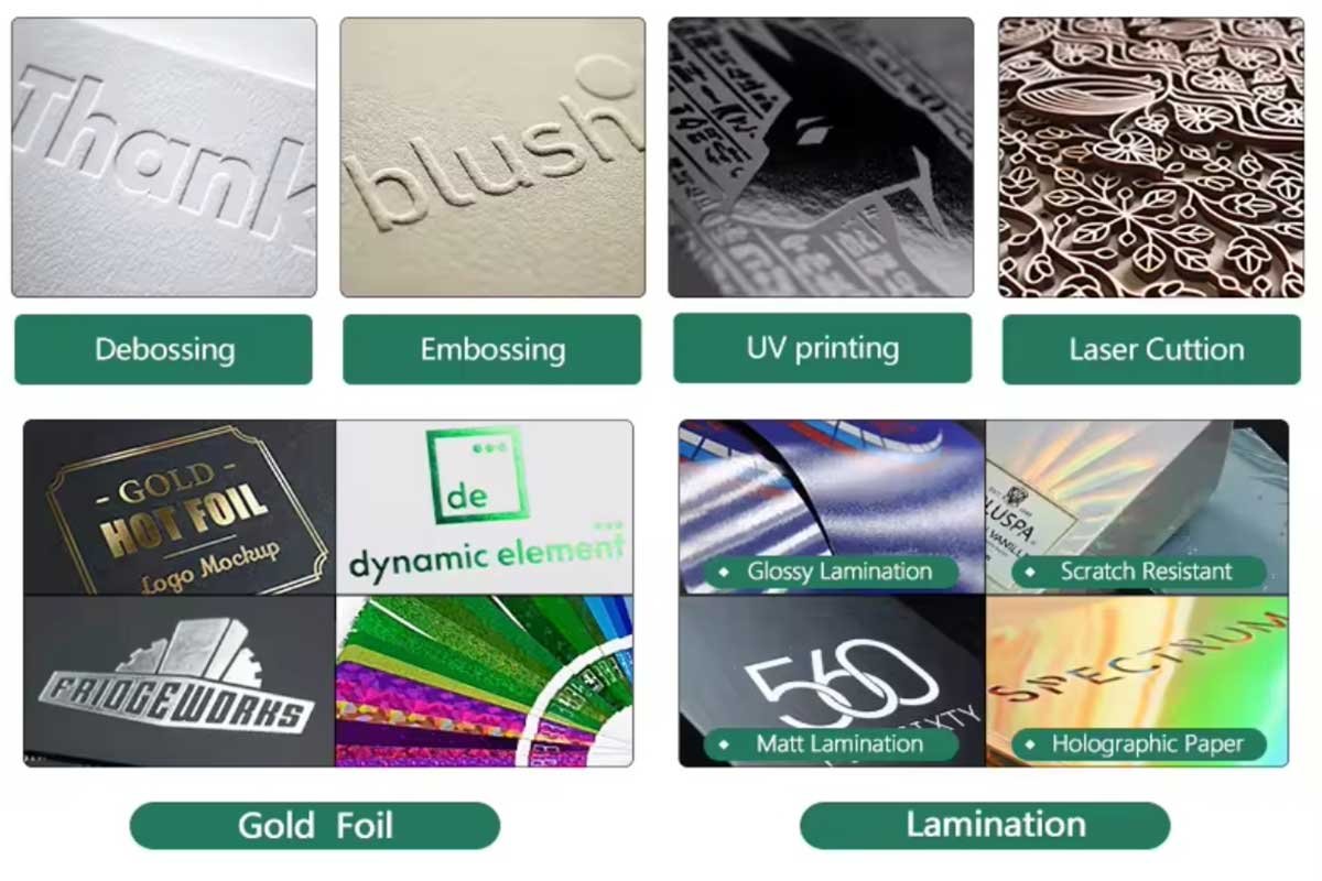 Foil, embossing, UV printing and lamination finish samples