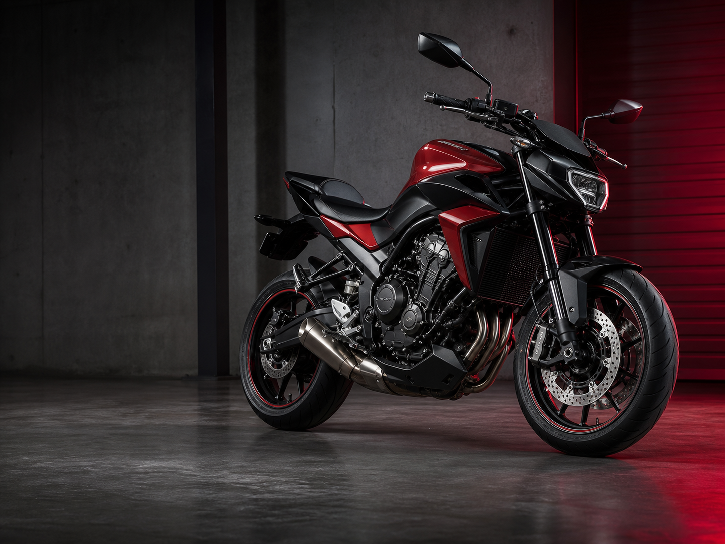 Unbranded black and red motorcycle in a workshop studio