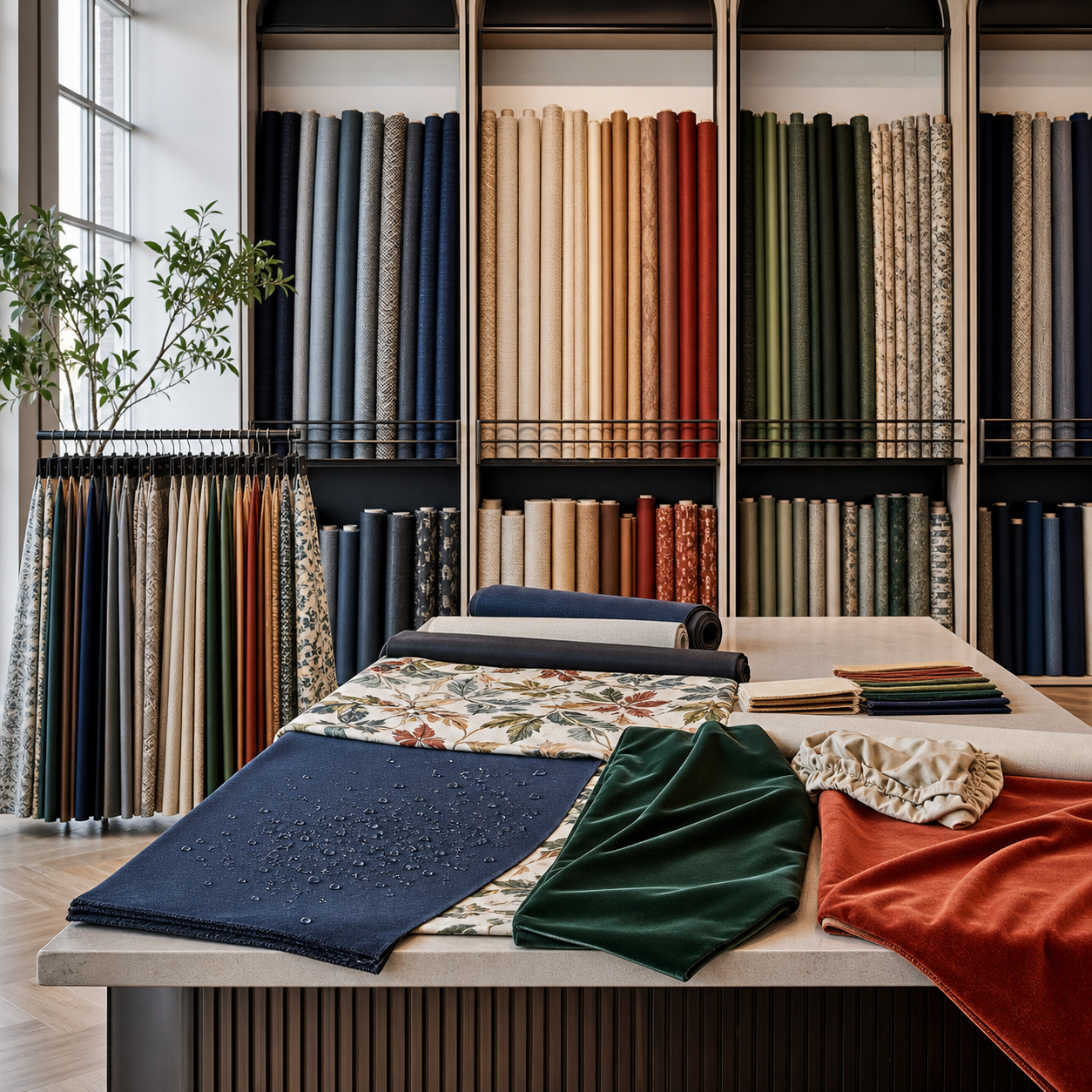 Fabric rolls swatches and upholstery textile sourcing showroom